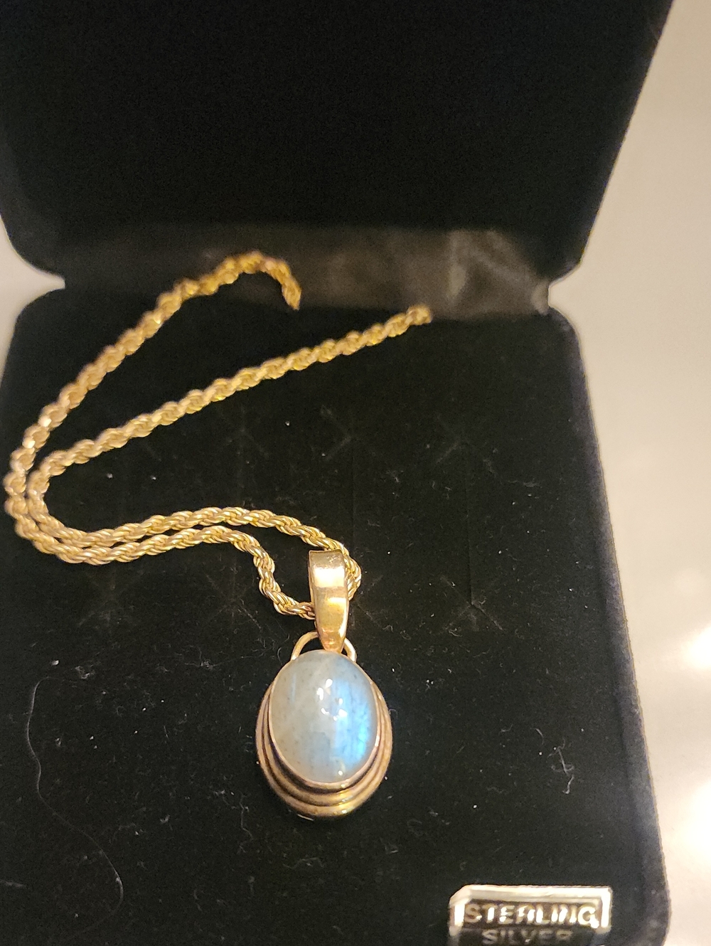 Gold Rope Chain Necklace with Blue Opal Pendant